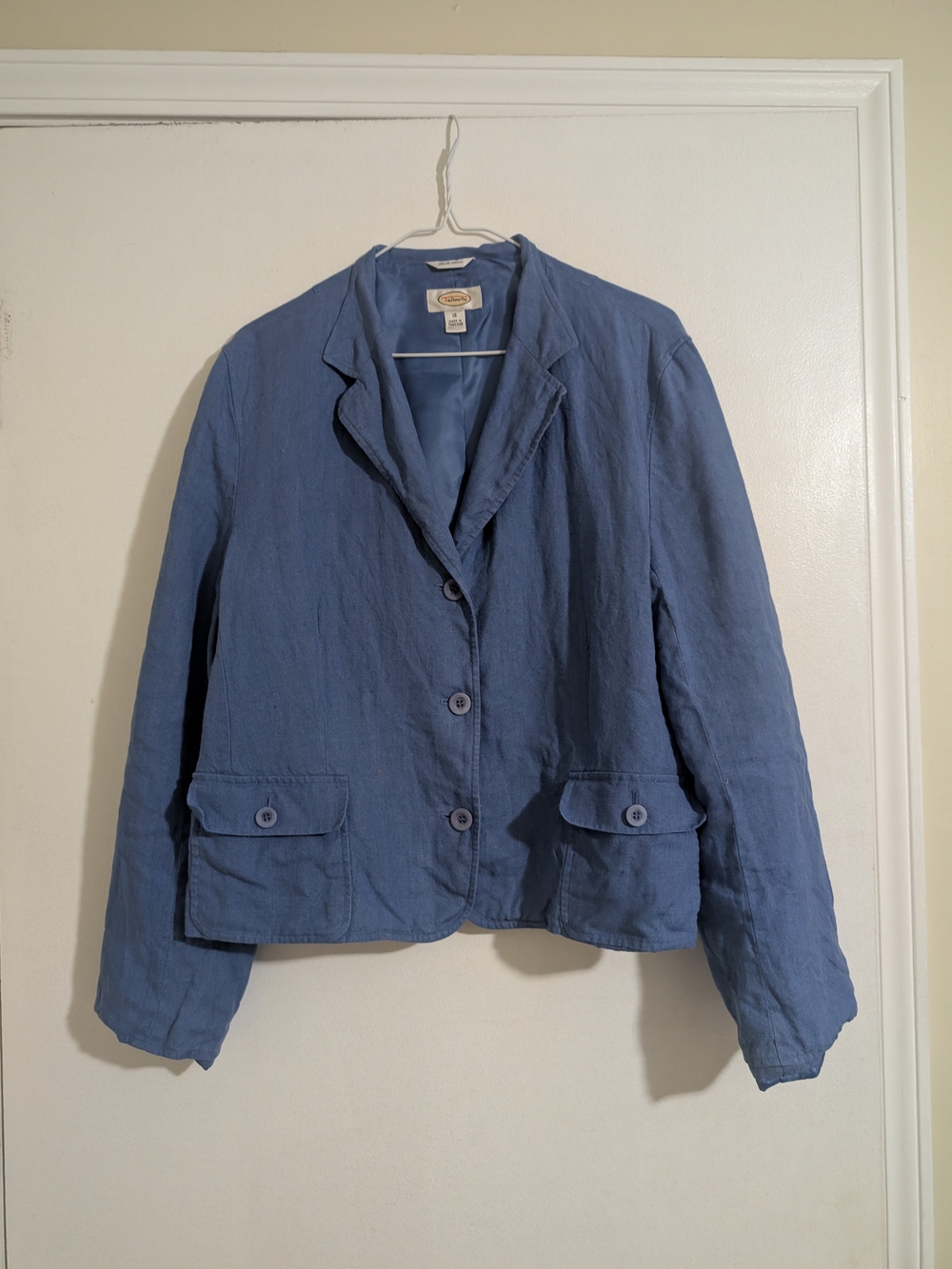 Talbots Blue Irish Linen Button Front Blazer Jacket Pockets Size 16